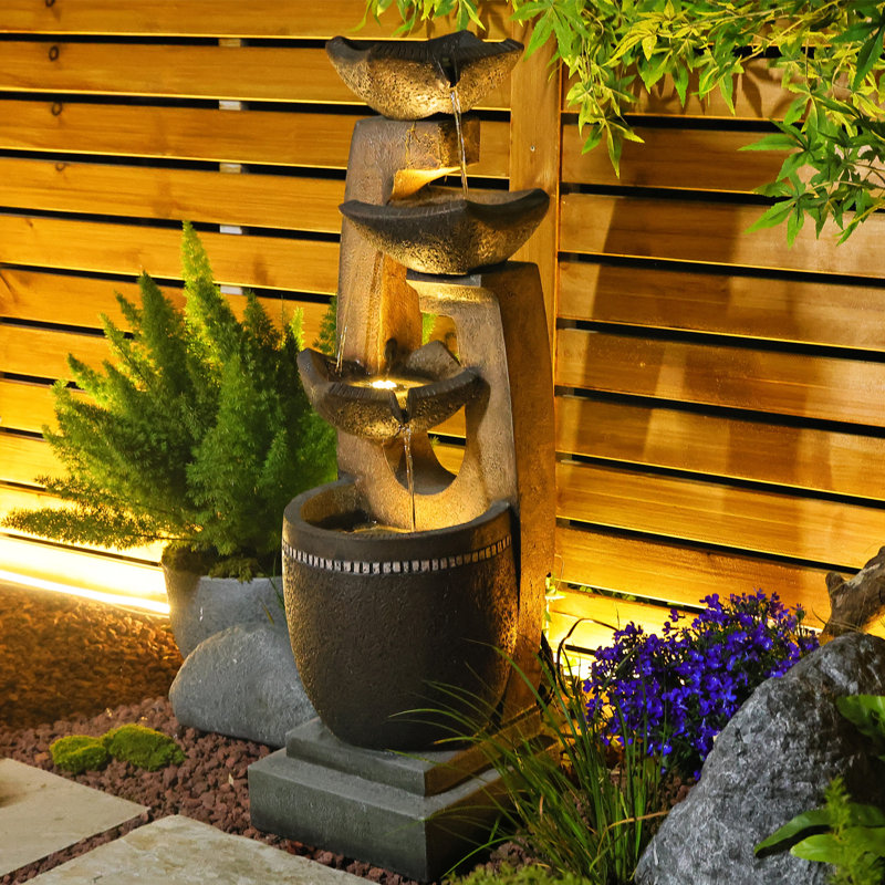 37.25' High Elaine Sapos Fountain, Rustic Multi-Brown, Hand Crafted Resistant Floor Fountain with Light